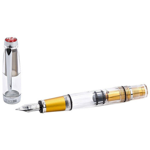 Diamond Mini AL (Gold) - Fine fountain pen with transparent barrel, built-in piston-filling mechanism, gold grip, stainless-steel nib, and clear cap featuring red TWSBI logo.