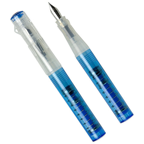 TWSBI GO (Sapphire) - Extra Fine pen with clear body, translucent cap, blue barrel, steel nib, and visible piston filling mechanism, shown capped and uncapped.