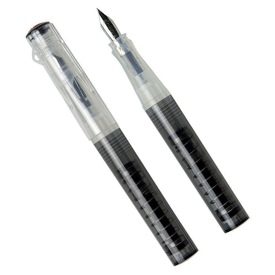 Clear TWSBI GO (Smoke) - Broad fountain pen with transparent barrel, showing ink reservoir and piston mechanism. Two views: capped and uncapped, revealing metal nib.
