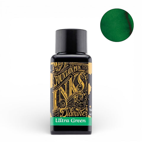 Diamine Ultra Green fountain pen ink, 30ml bottle, features a decorative gold label and green swatch, offering rich color and smooth flow for writing enthusiasts.