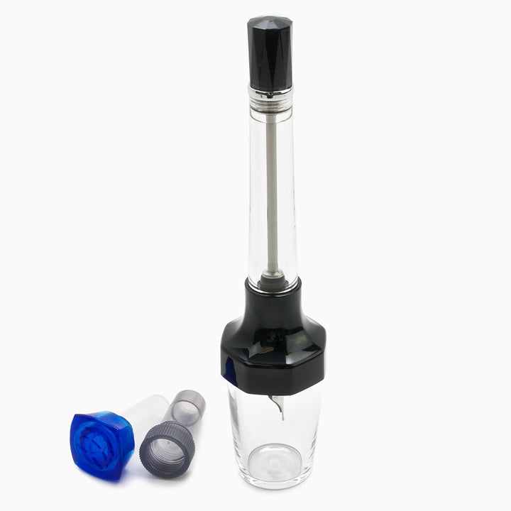 VAC20A Ink Bottle - Black with clear reservoir, black motor housing, and long shaft. Includes spare screw-on caps for easy pen refilling.