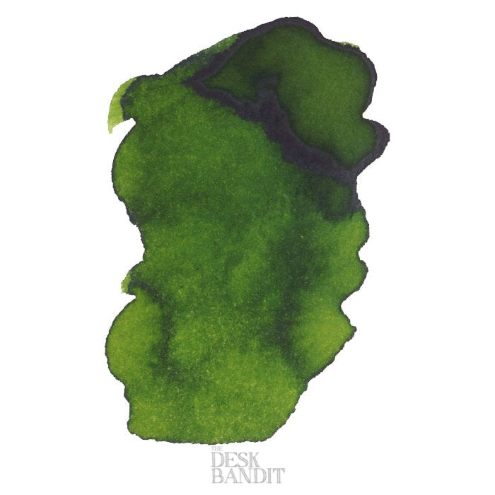 Verde de Rio - 2ml ink sample by Robert Oster, featuring a bright yellow-green abstract swatch with dark shading, showcasing its unique dye-based color.