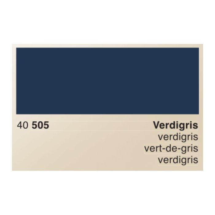 Verdigris - 50ml: A paint-chip card showcasing dark teal/blue Verdigris with code 40 505, produced by Rohrer & Klingner, suitable for fountain pens or painting.