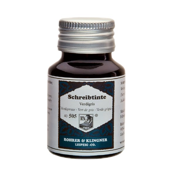 Verdigris - 50ml glass bottle of Rohrer & Klingner fountain-pen ink, showcasing the Schreibtinte Verdigris label, ideal for writing or painting.