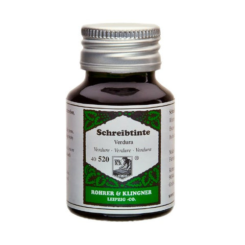 Verdura - 50ml fountain-pen ink by Rohrer & Klingner, Leipzig; green dye-based ink in a small glass bottle with silver cap and green-and-white label.