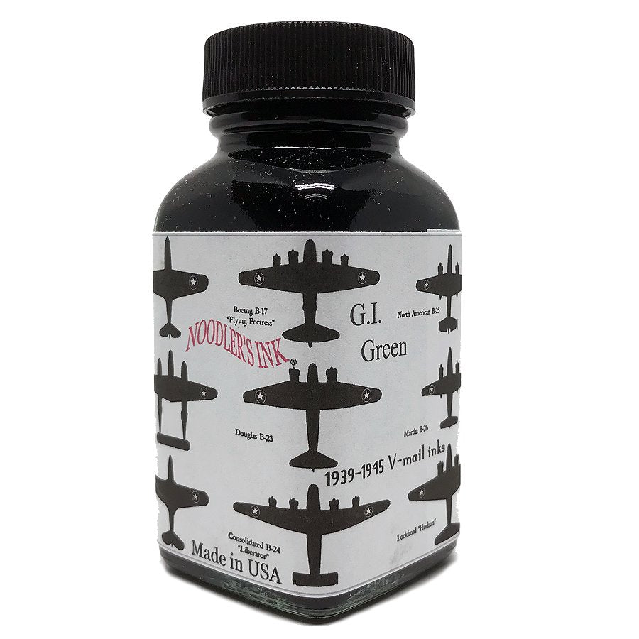 V-Mail G.I. Green - 88ml glass bottle of Noodler's Ink with WWII bomber silhouettes on the label and a black screw-top lid.