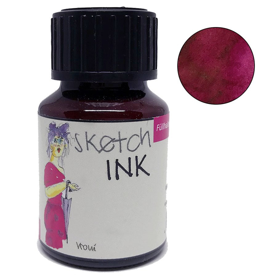 SketchINK - Vroni (50ml) glass bottle with black cap, featuring a pink woman illustration and deep magenta ink swatch, by Rohrer & Klingner.