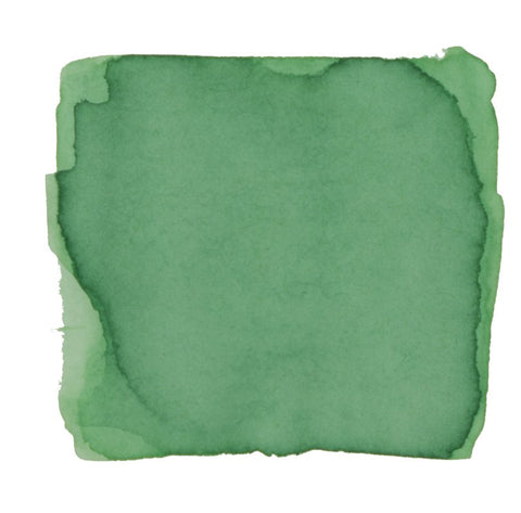 Abstract green watercolor swatch representing Tono & Lims' Wakayama (Noble Soul) ink, showcasing soft, uneven edges and tonal variations on a white background.