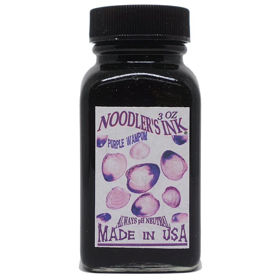 Purple Wampum - 88ml: Square glass bottle of Noodler’s Ink, labeled with “Always pH Neutral” and “Made in USA,” adorned with purple shell-shaped illustrations.