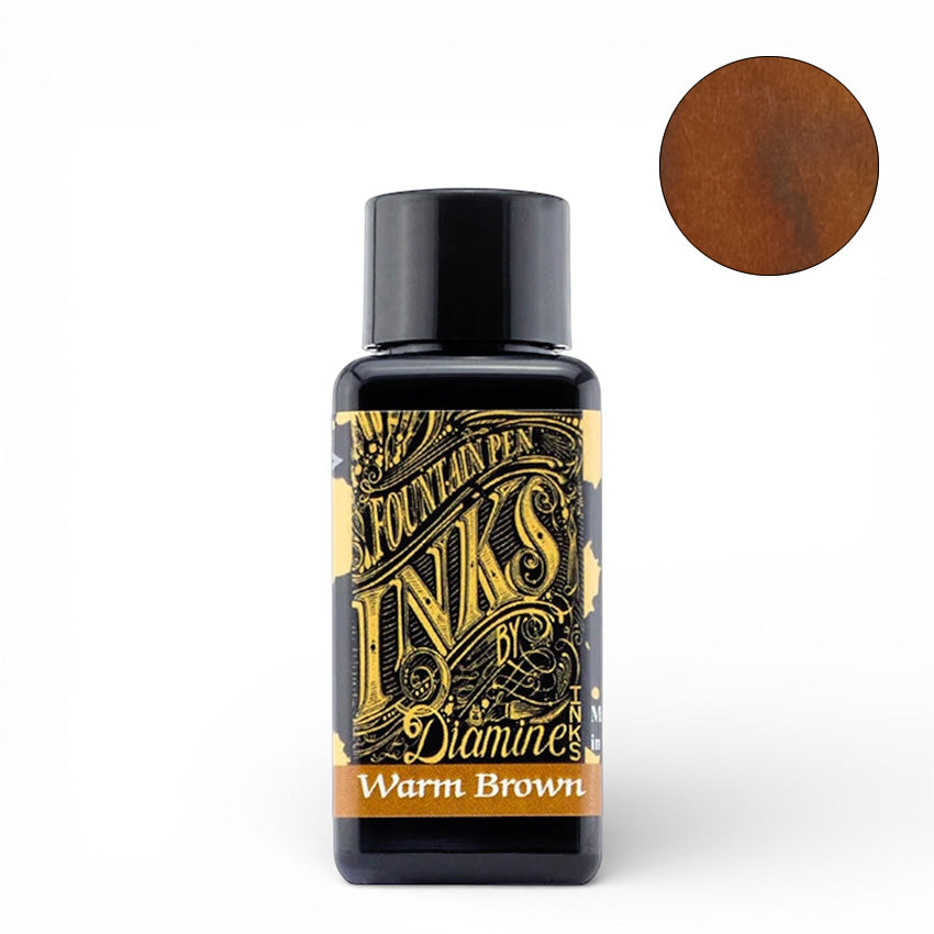 Diamine Warm Brown 30ml fountain pen ink bottle with gold-and-black label, showcasing rich, smooth-flowing ink, perfect for writing enthusiasts and collectors.
