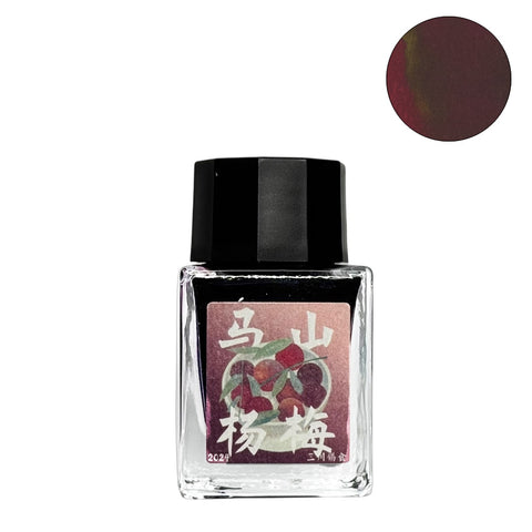 Fanyantan Waxberry fountain pen ink in a 30ml glass bottle with a shimmering plum-burgundy hue, featuring a stylized plum illustration on the label.