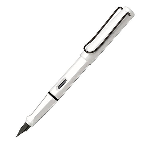 Safari (White with Black Clip) - Fine, featuring a white body, black nib, metal clip, and ink-level window, offers refillable convenience for writing enthusiasts.