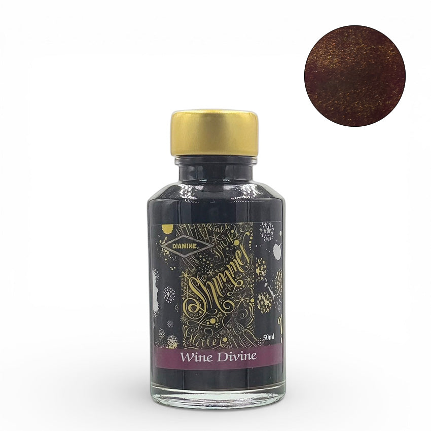 Diamine Shimmertastic Wine Divine fountain pen ink, 50ml, featuring gold shimmer, gold cap, and decorative label. Acid-free and vegan-friendly. Ideal for writing enthusiasts.