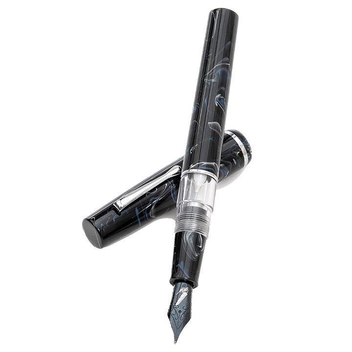 Fenestro (Winter's Night) - 1.5mm fountain pen with glossy black and gray/blue marbled barrel, clear ink-view section, and metal nib, cap removed.
