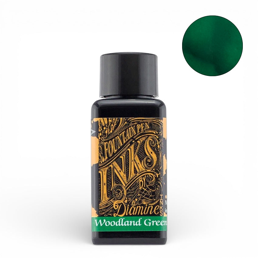 Diamine Woodland Green 30ml fountain pen ink bottle with black cap, showcasing deep forest-green shade, ideal for vintage pens, acid-free and vegan-friendly.