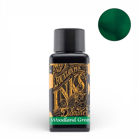 Diamine Woodland Green 30ml fountain pen ink bottle with black cap, showcasing deep forest-green shade, ideal for vintage pens, acid-free and vegan-friendly.