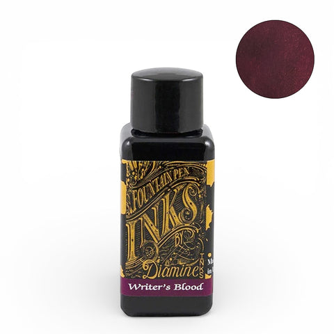Diamine Writer’s Blood fountain pen ink, 30ml bottle, a deep burgundy shade, with a gold-lettered label and ink swatch, ideal for writing enthusiasts.