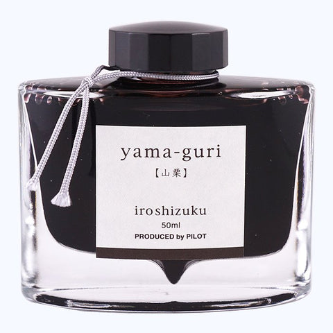 Iroshizuku Ink - Yama Guri (50ml) in a sleek glass bottle, showcasing Pilot’s premium dark brown fountain-pen ink.