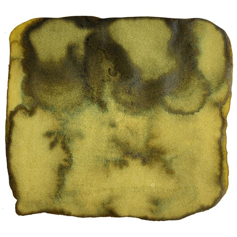 No. 04 Yamabukiiro - 2ml dye-based ink, features a close-up of abstract yellow-green pigment wash with darker greenish-brown mottling and feathered edges.