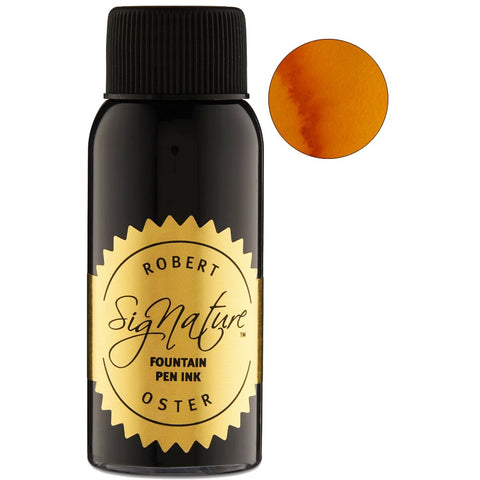 Robert Oster Signature Ink Yellow Sunset - 50ml bottle with gold-foil label, showcasing handmade, sustainable, non-toxic fountain pen ink for smooth writing and vibrant color expression.