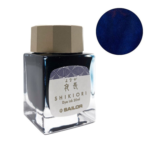 Sailor Shikiori Yonaga - 20ml bottle of deep twilight-blue dye-based fountain-pen ink, shown with a matching color swatch.