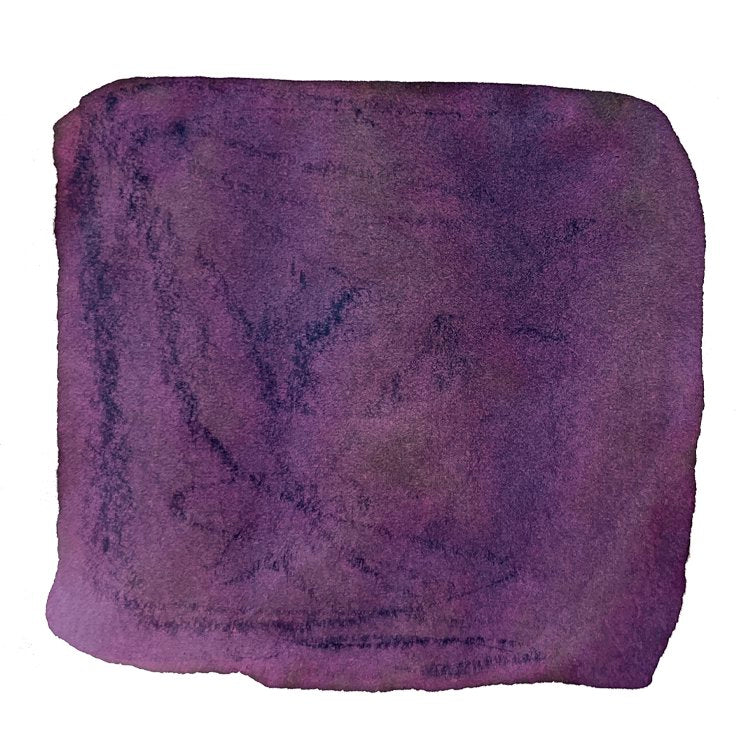 Shikiori Yozakura - 20ml ink: Abstract watercolor swatch in purplish tones, showcasing deep violet to reddish-purple hues with textured granulation, reflecting the ink's color palette.