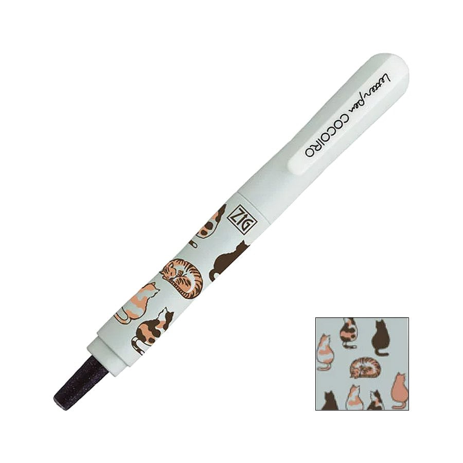 ZIG Letter Pen COCOIRO - Cats Rally 1 - Black: Slim white correction pen with cat designs, foam tip applicator, reusable body, and black refill.