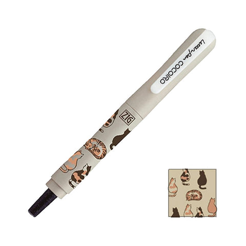 ZIG Letter pen COCOIRO - Cats Rally 2 - Black features a beige handle, cat silhouettes, and a felt-tip brush, with a postable cap displaying the “ZIG” logo.