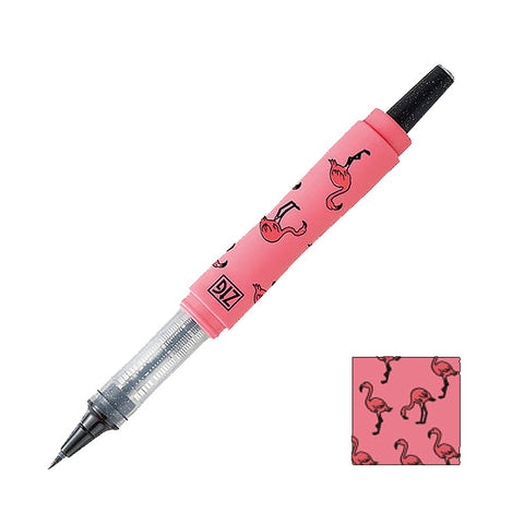 ZIG Letter pen COCOIRO - Dreaming Flamingo 2 - Black, features a pink barrel with black flamingos, translucent grip showing lead mechanism, and push-button eraser.