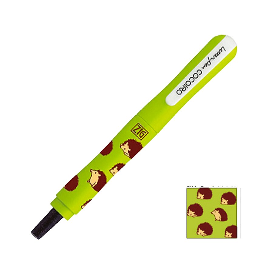ZIG Letter pen COCOIRO - Hedgehog 2 - Black, a lime green pen-shaped tape runner, dispenses decorative hedgehog tape, offering artistic flair with a reusable design.