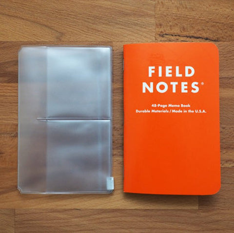 Zipper Case/Card Holder- Pocket on left, clear plastic with card slots and zippered pouch, next to an orange FIELD NOTES memo book on a wood surface.