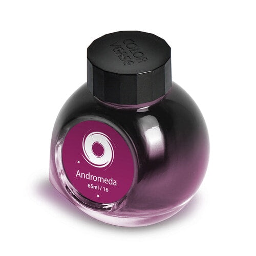 Andromeda - 65ml + 15ml Set: Spherical glass bottle with black cap, purple label, and additional smaller bottle, part of Colorverse’s Astrophysics Collection.
