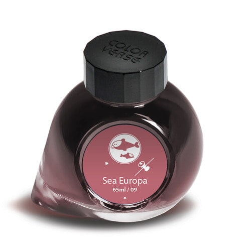 Colorverse Sea Europa - 65ml bottle with black cap, featuring fish design. Part of the Spaceward Collection, known for plant-based, smooth-writing inks.