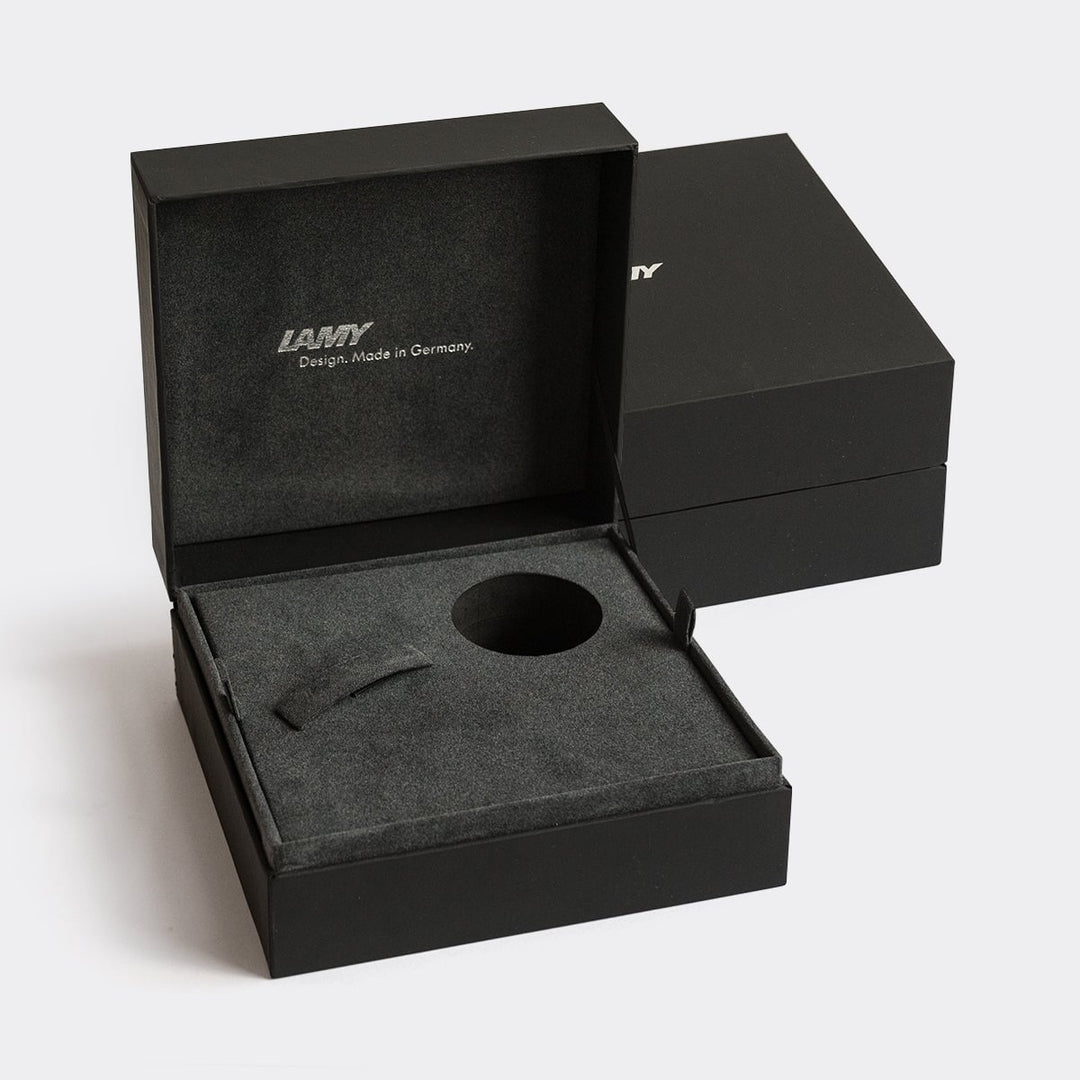 Lamy 2000 - Fine presentation box with foam insert and logo, designed for a premium fountain pen or ink set.