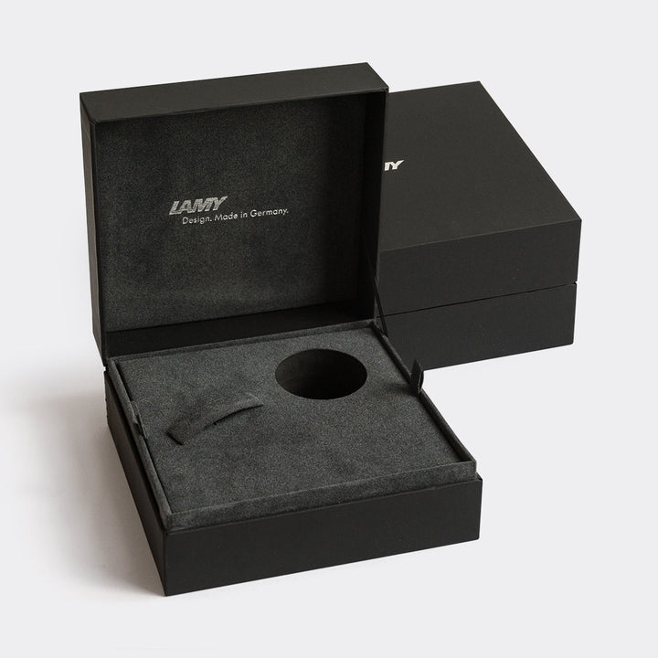 Lamy 2000 - Fine presentation box with foam insert and logo, designed for a premium fountain pen or ink set.