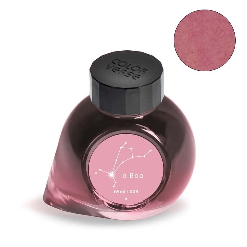 Colorverse Project Ink No.009 α Boo, 2ml fountain pen ink, in a 65ml bottle with constellation-themed label, showcasing pinkish coral hue. Plant-based, smooth writing.